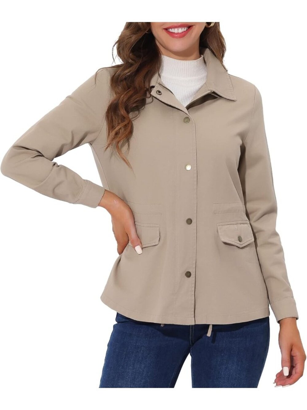 Women's Khaki Zip Up Snap Buttons Drawstring Waist Pockets Anorak Utility Jacket